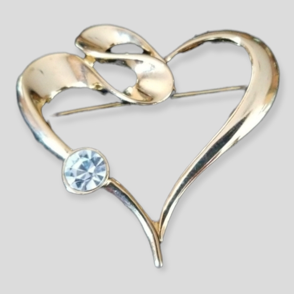 Vintage Heart Rhinestone Brooch Gold Tone - Picture 2 of 12